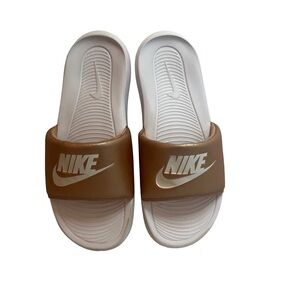 Nike Tan and White Slide Sandals